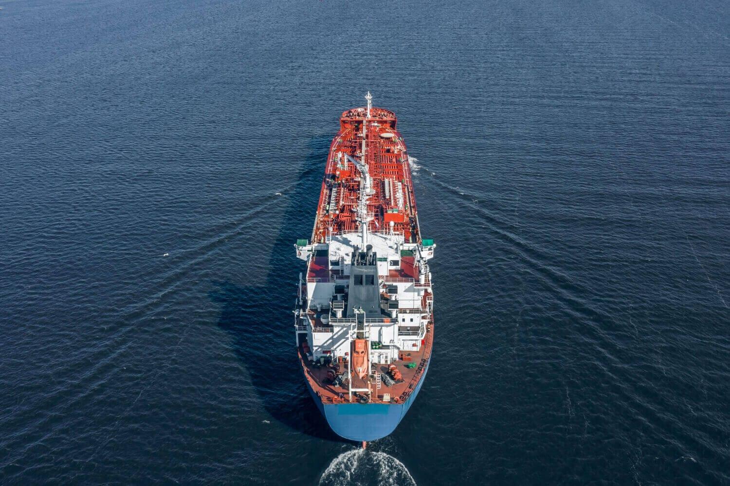 Aerial view of an oil tanker at sea